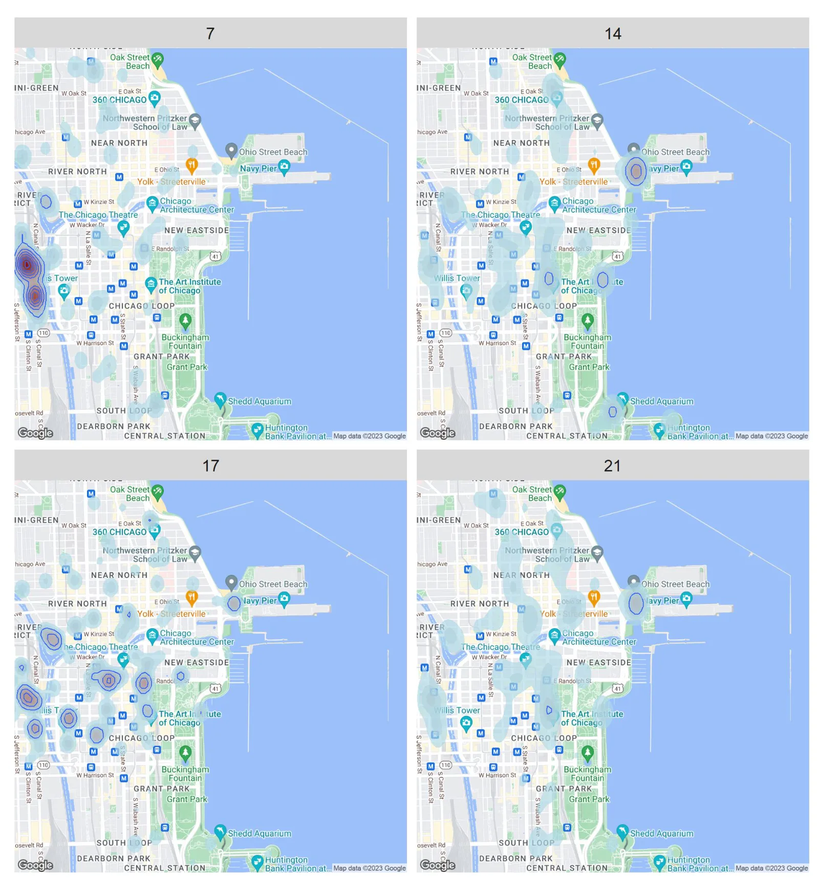 Heatmap zu vier Tageszeiten: Morgen, Mittag, Abend, Nacht