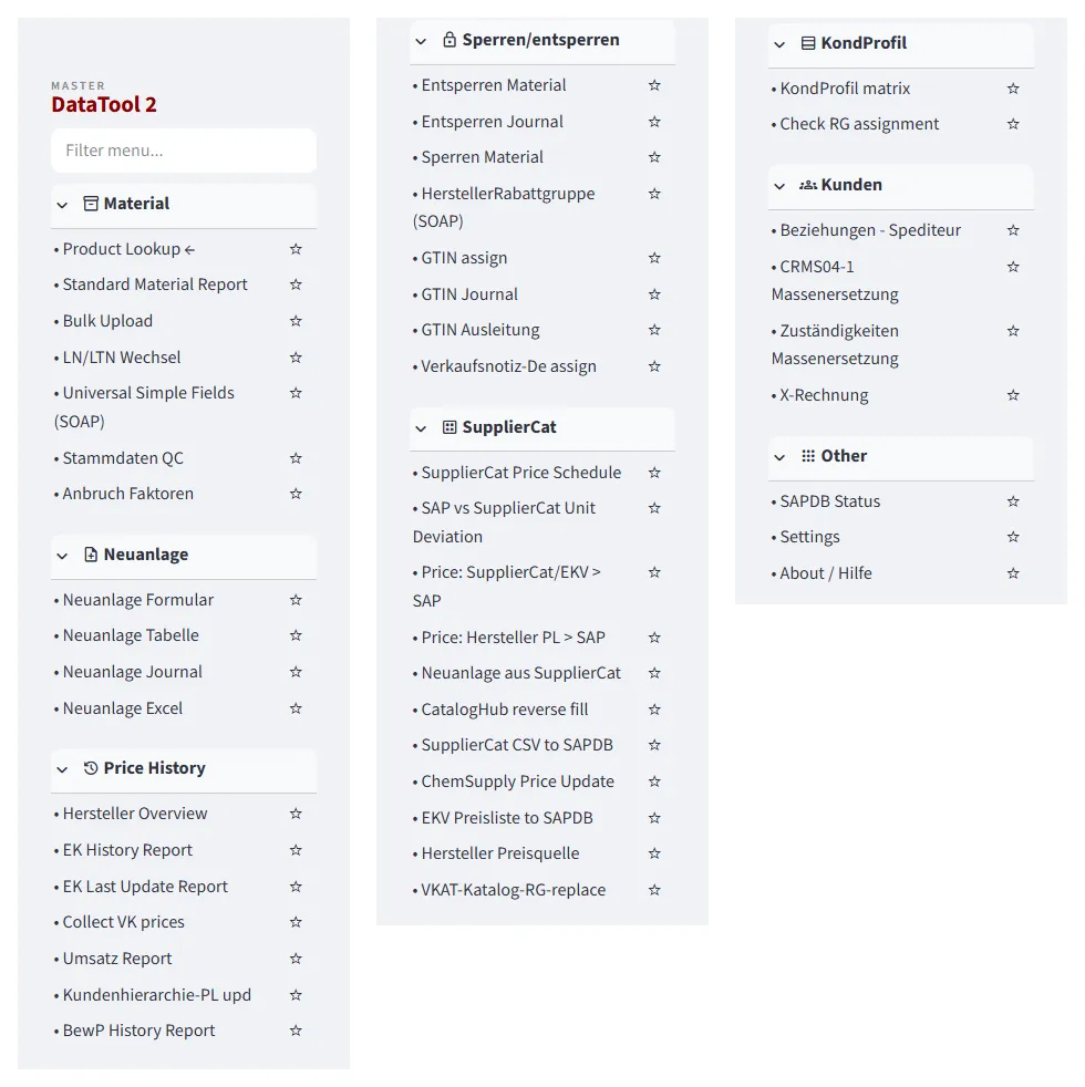 Seitenmenü des Werkzeugs, für die Darstellung in drei Spalten umbrochen: acht Gruppen mit rund vierzig Arbeitsseiten
