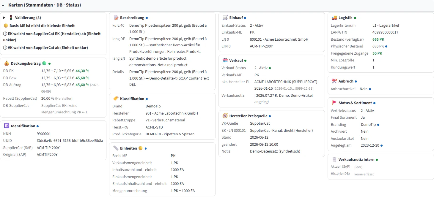 Kartenansicht eines Artikels im Werkzeug: Validierung, Deckungsbeitrag, Einheiten, Einkauf, Verkauf und Statusfelder auf einem Schirm