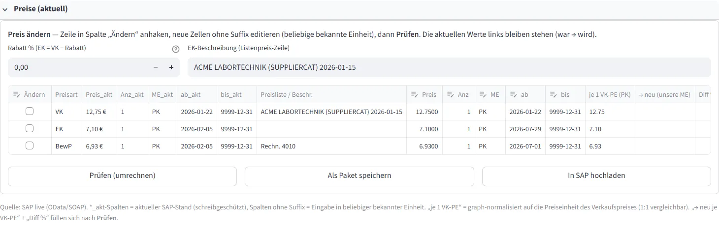 Preistabelle mit aktuellen Werten links und Eingabespalten rechts, Schaltflächen für Prüfen, Paket speichern und Upload