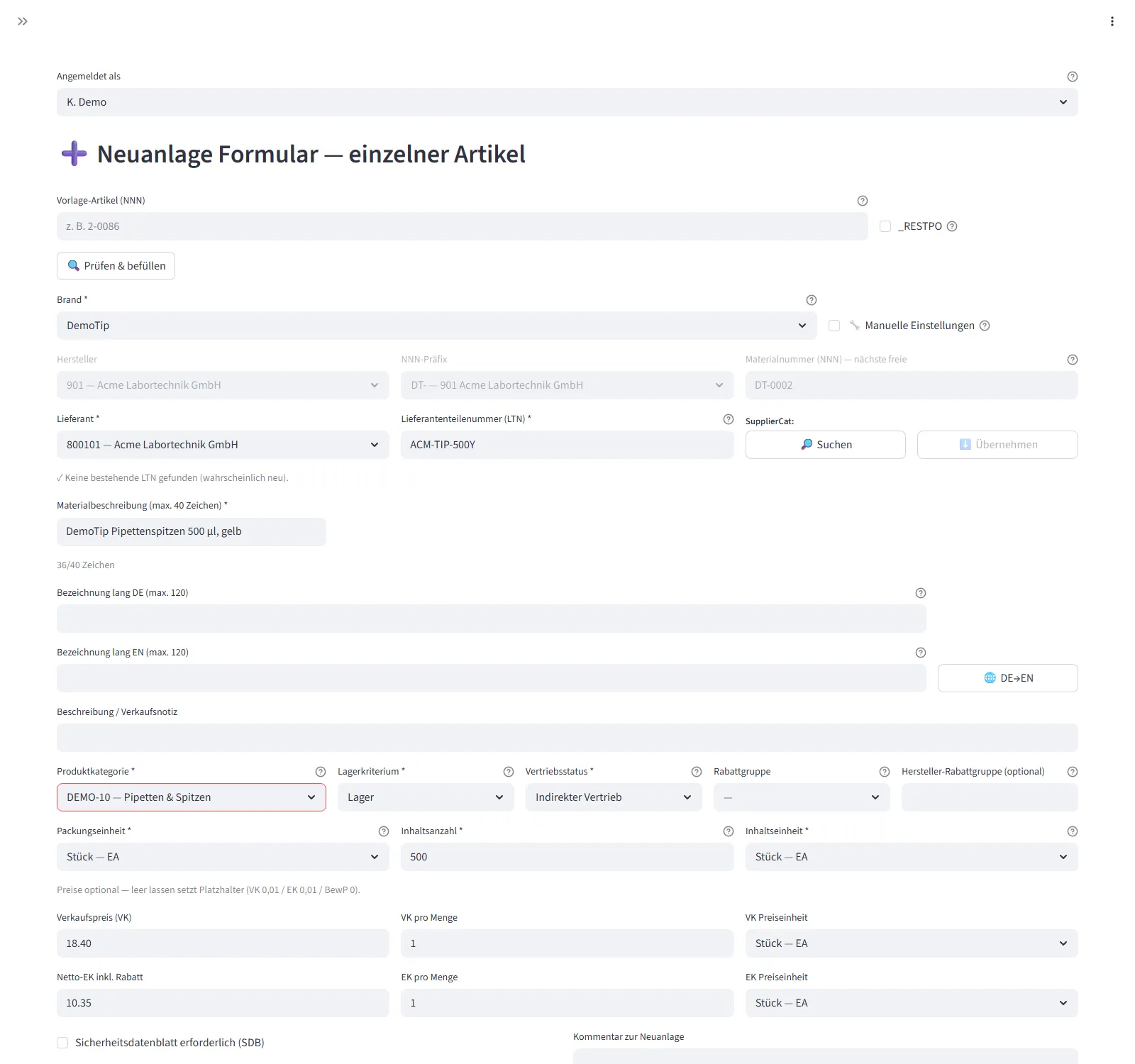 Neuanlage-Formular mit Marke, automatisch ergänztem Hersteller, vergebener Artikelnummer, Dublettenprüfung und Preisfeldern