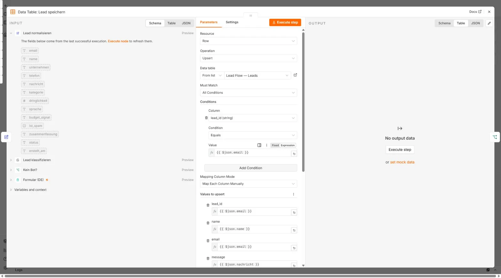 Data-Table-Knoten in n8n mit Upsert-Operation für den Lead-Flow-Datensatz