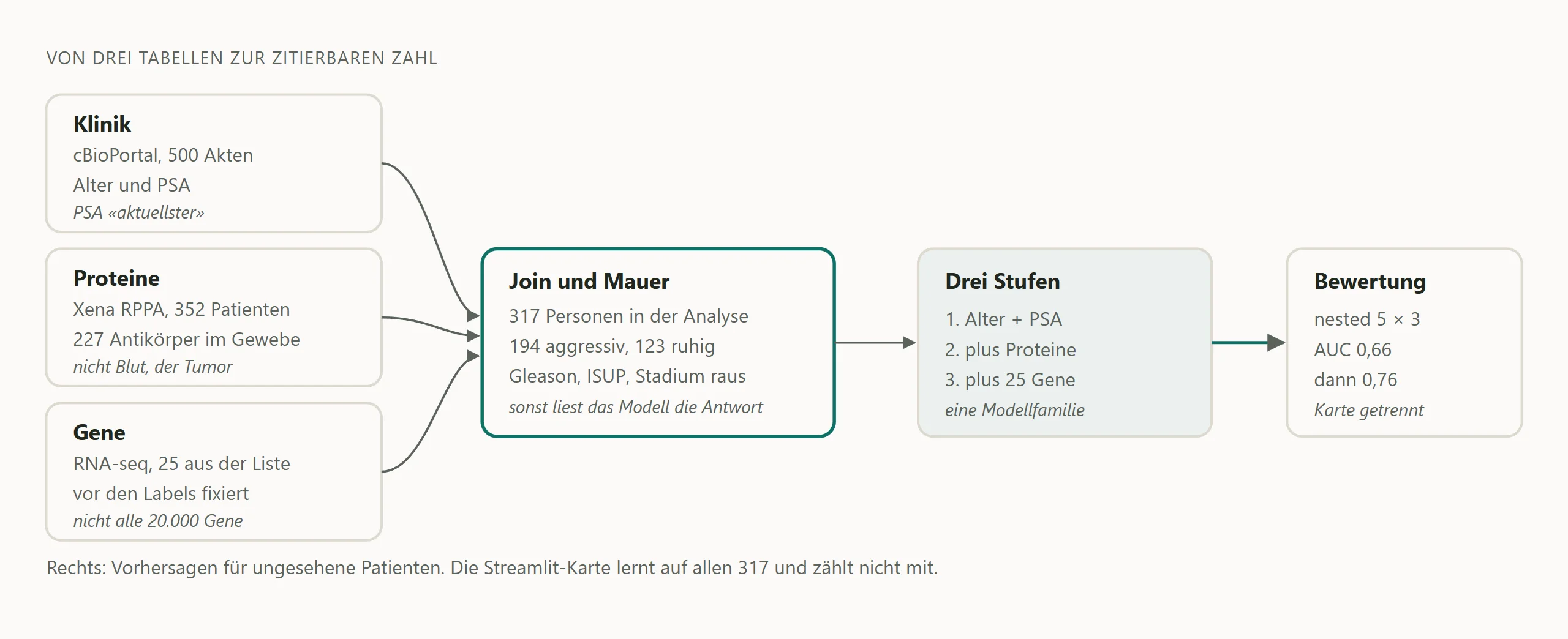 Schema des Datenwegs: drei öffentliche Tabellen, Leakage-Mauer, drei Modellstufen und geschachtelte Prüfung